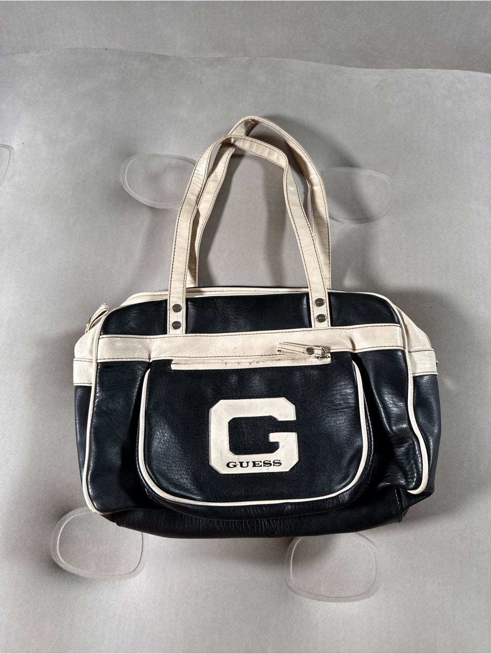 Guess Vintage Retro Black White Faux Leather Handbag Y2K 2000s Satchel Purse